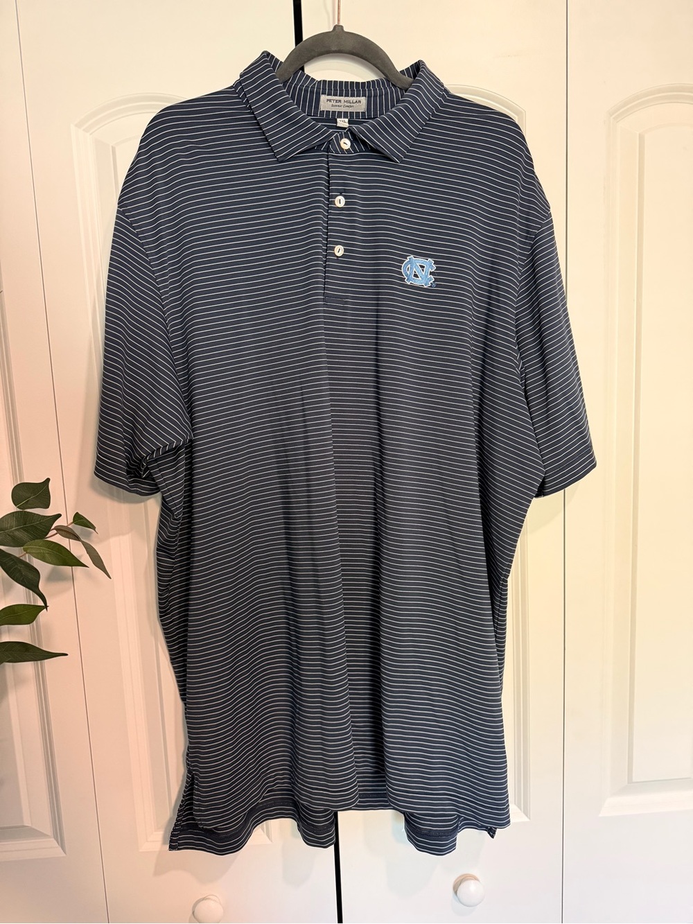 Peter Millar Navy and Light Blue Striped Polo with Embroidered UNC Logo